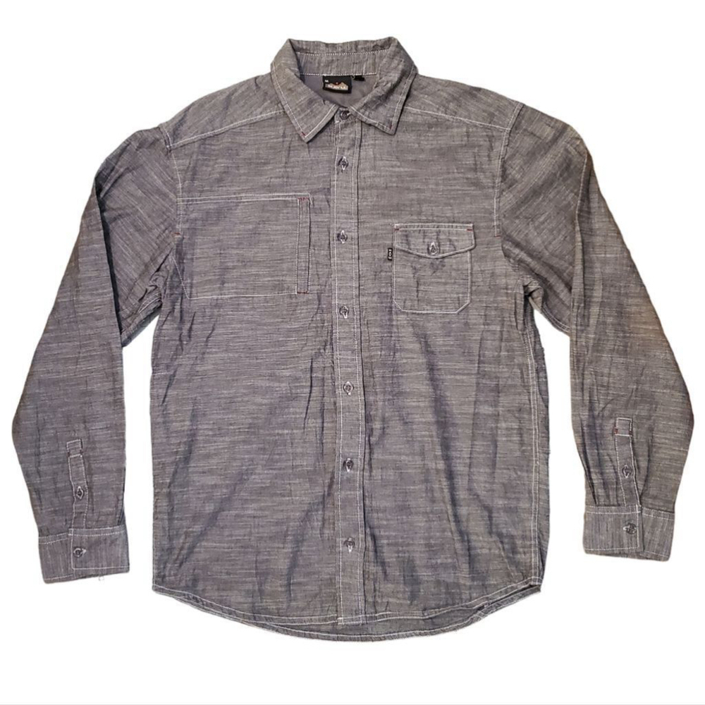 Kavu Blue Long Sleeve Collar Button Front Chambray Dress Shirt Cotton (Medium)
